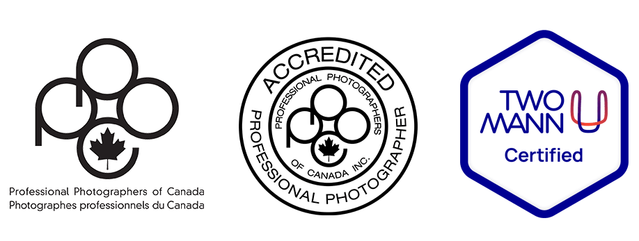 Professional photographer of Canada logo, accredited photographer logo, Two Mann u certified logo.