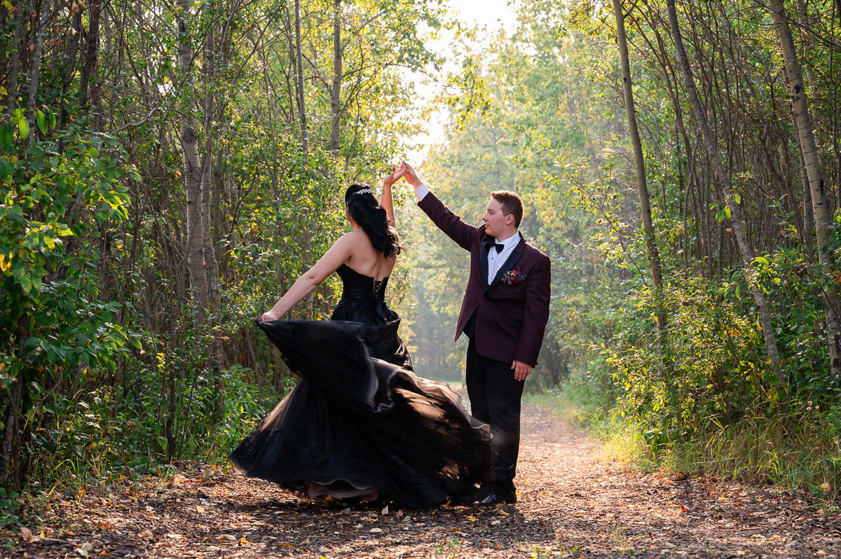 dancing in the forrest, dancing photos, Landry lake ranch, horse wedding, black wedding dress wedding, photographer near me, 