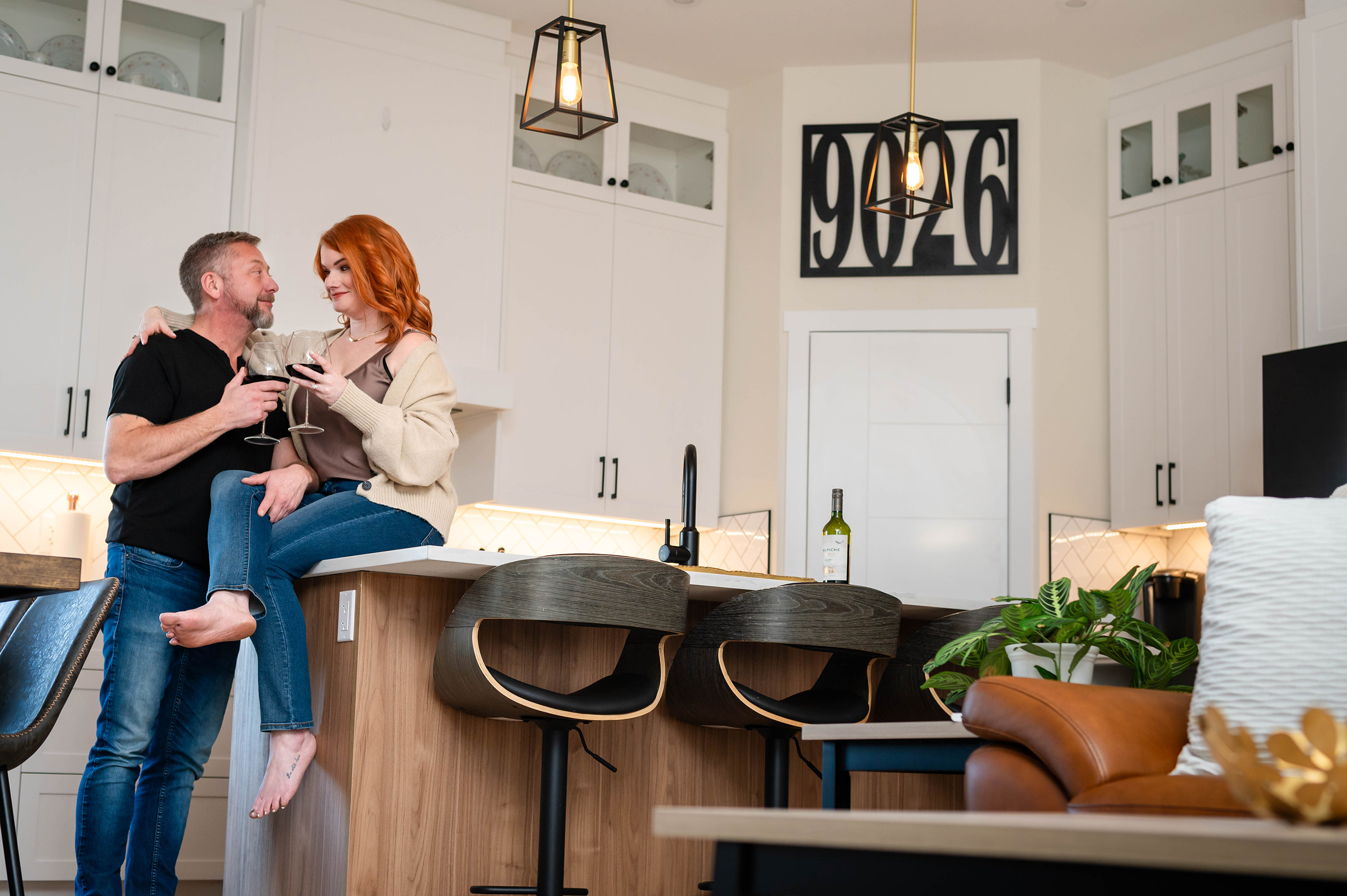 Engagement Photos, Indoor Photos, Lifestyle Photographer, Photographer near me, Kitchen, Modern kitchen, newly engaged, yeg photographer, frank Sinatra, 9026