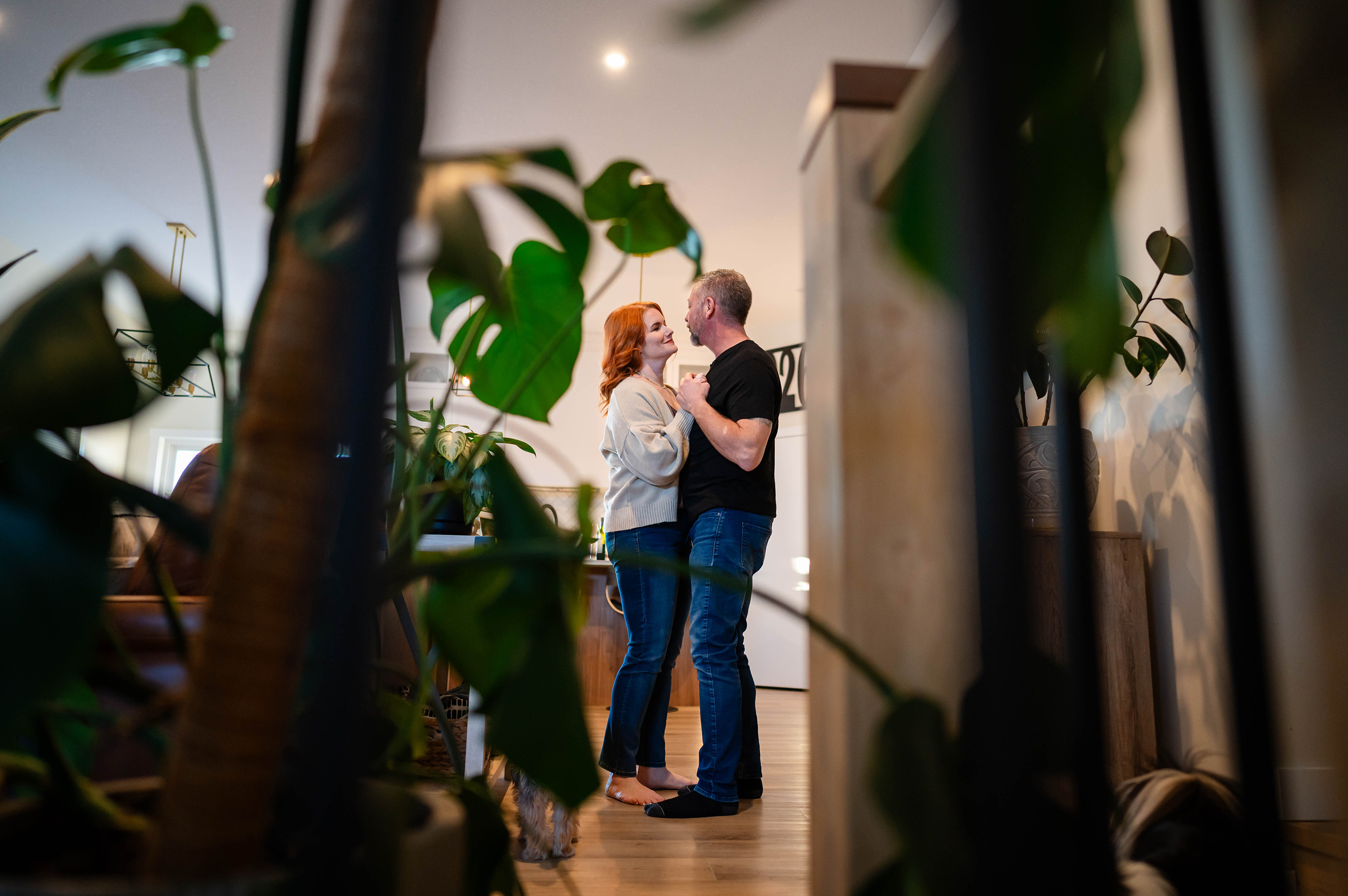 Engagement Photos, Indoor Photos, Lifestyle Photographer, Photographer near me, Kitchen, Modern kitchen, newly engaged, yeg photographer, frank Sinatra, old record player,  dancing together